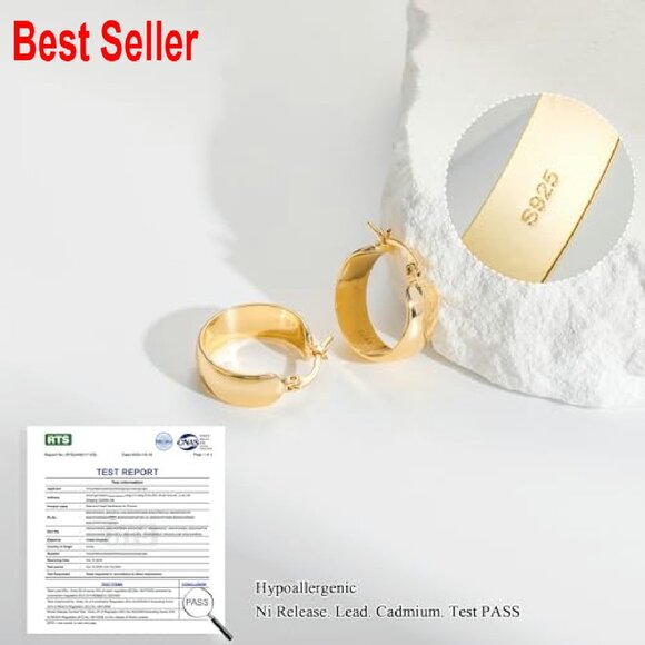 Sterling Silver Hoop Earrings 14K Gold Plated Hypoallergenic Lightweight - Picture 7 of 8